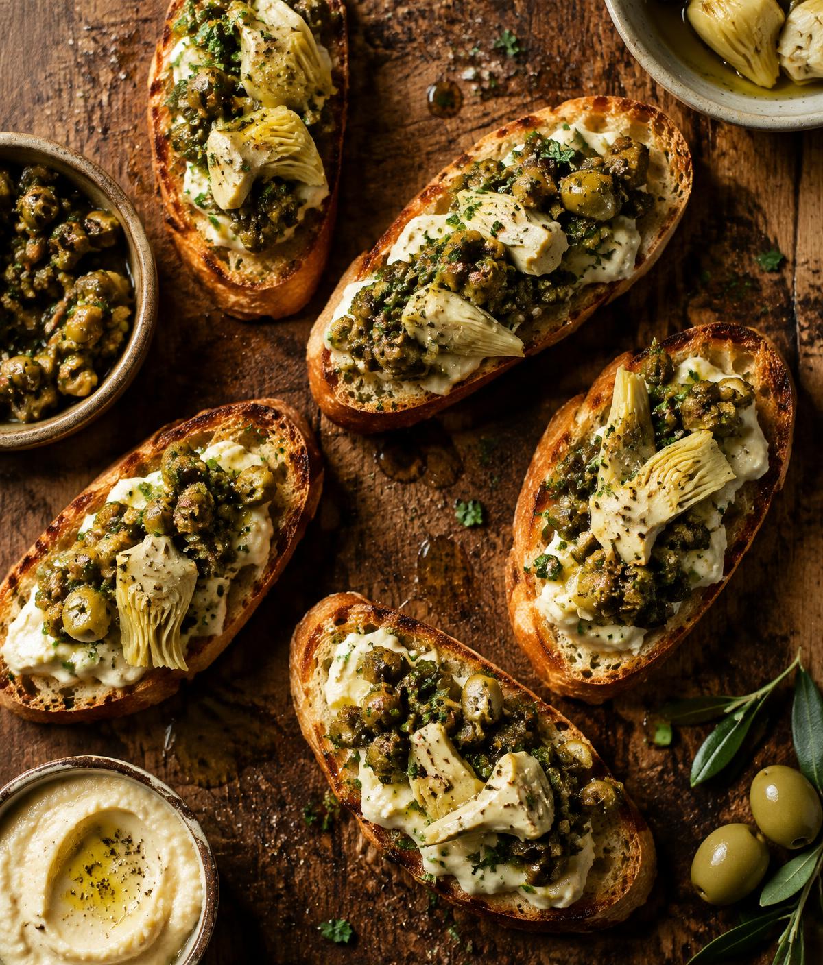 Bruschette con crema di carciofi e olive verdi