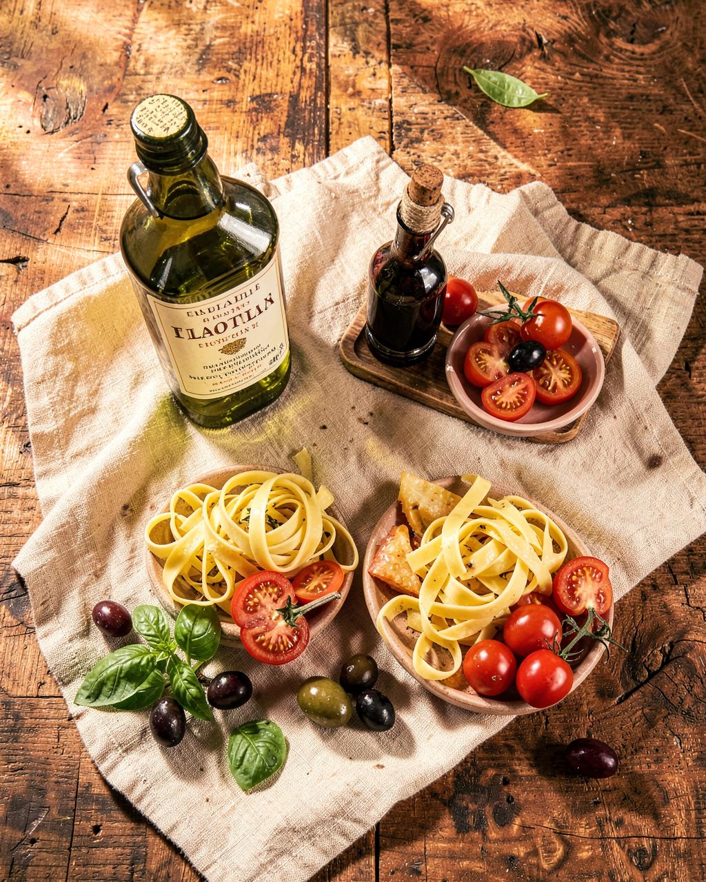 Tavola rustica con antipasti italiani artigianali, olio d'oliva e pasta fresca