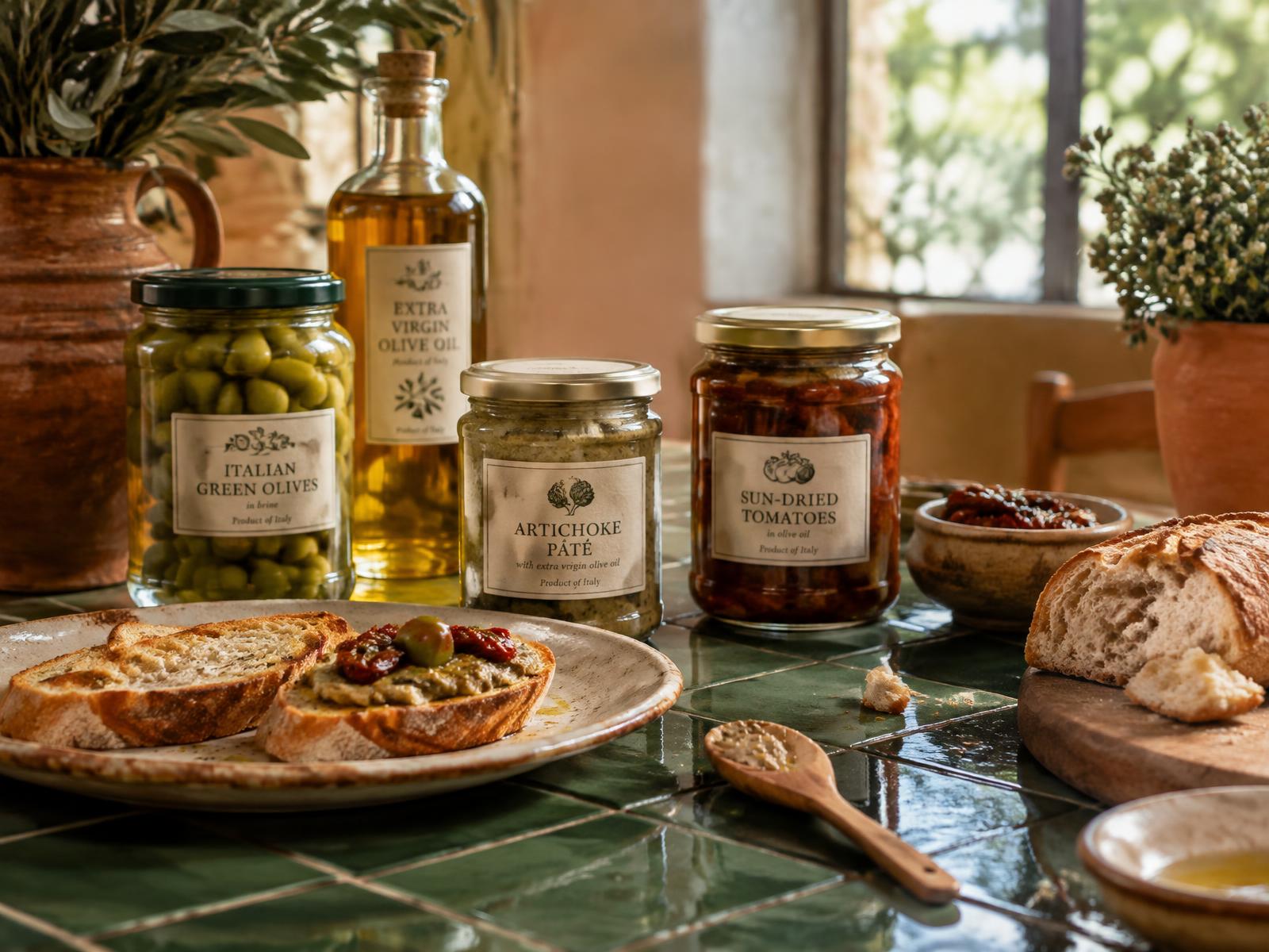 Dispensa italiana con olive, paté di carciofi, pomodori secchi e olio extravergine