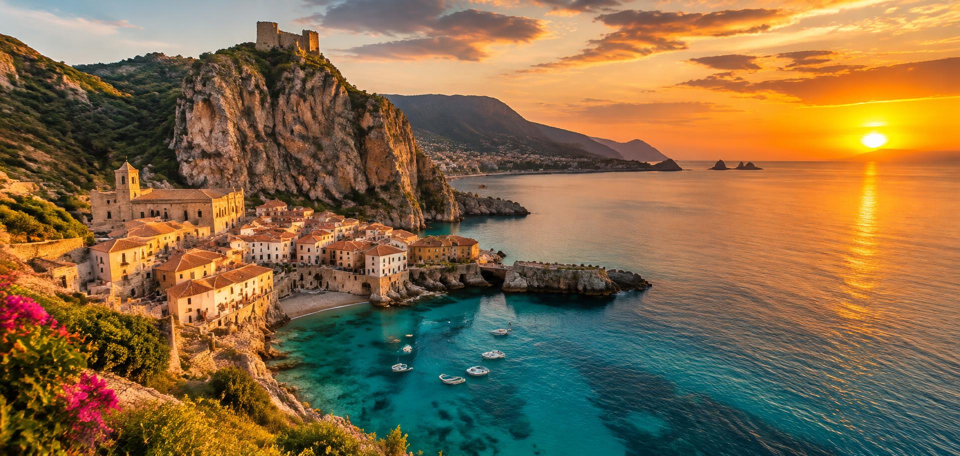 Costa siciliana al tramonto con borgo di pescatori